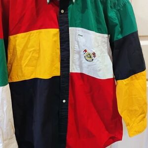 90a Vintage TommydMen's Colorblock Button-Up Jacket in Red, Green, Navy & Yellow